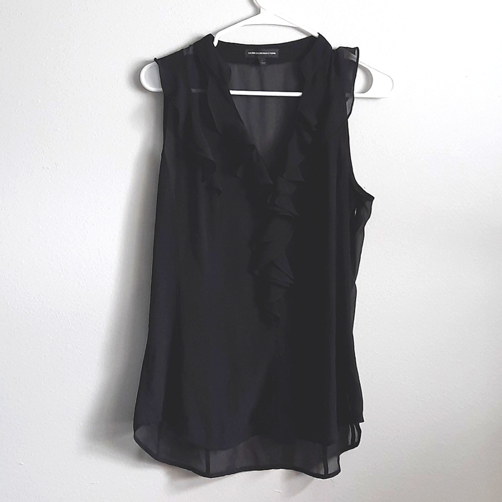Black sheer top with ruffles.  Express design studio.  Size large.